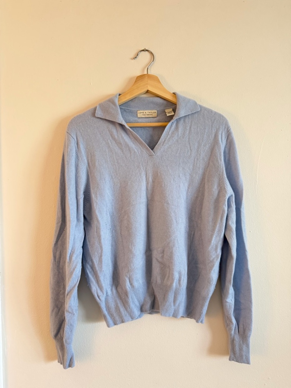 Lord & Taylor Light Blue V-Neck Collared Cashmere Sweater